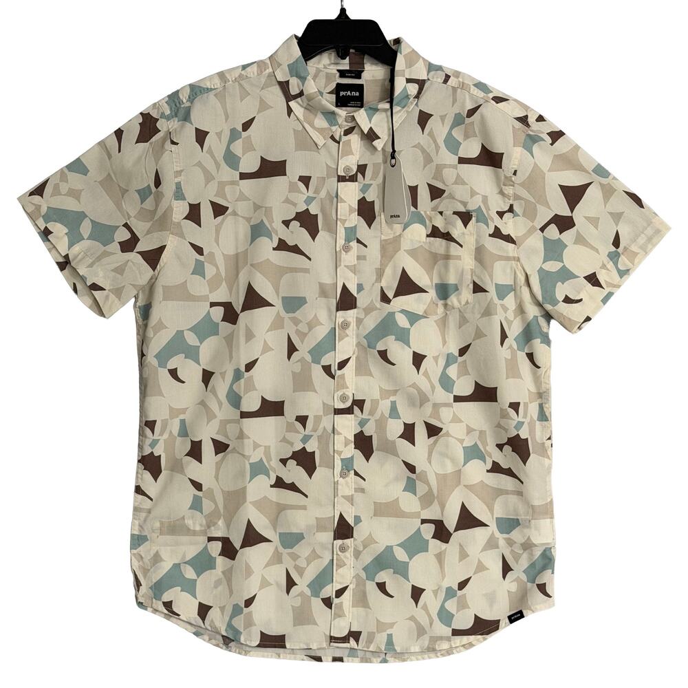 prAna Stimmersee Shirt Men's Large Slim Fit Short Sleeve Almond Geo NEW